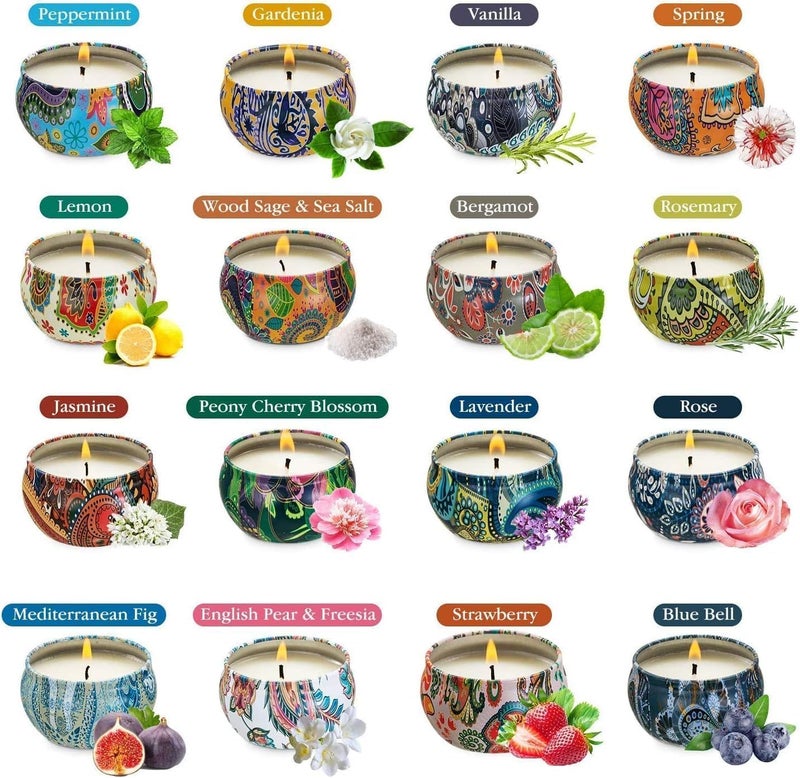 Howemon Scented Candles Gift Set, Natural Soy Wax Portable Travel Tin with Strongly Fragrance Essential Oils for Stress Relief and Aromatherapy - 16 Pack - Image 2
